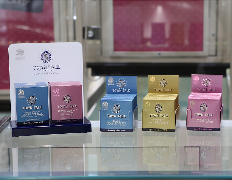 Town Talk Polish Jewellery Cleaners Retail Display in Shop Including Silver Sparkle, Jewel Sparkle, Silver and Gold Polishing Cloths