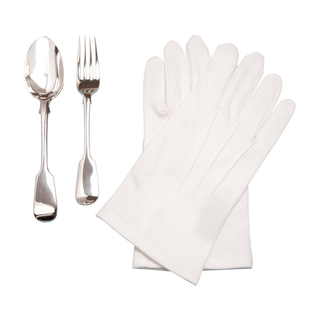 Town Talk Polish Silversmith's White Cotton Gloves with Silver Spoon and Fork