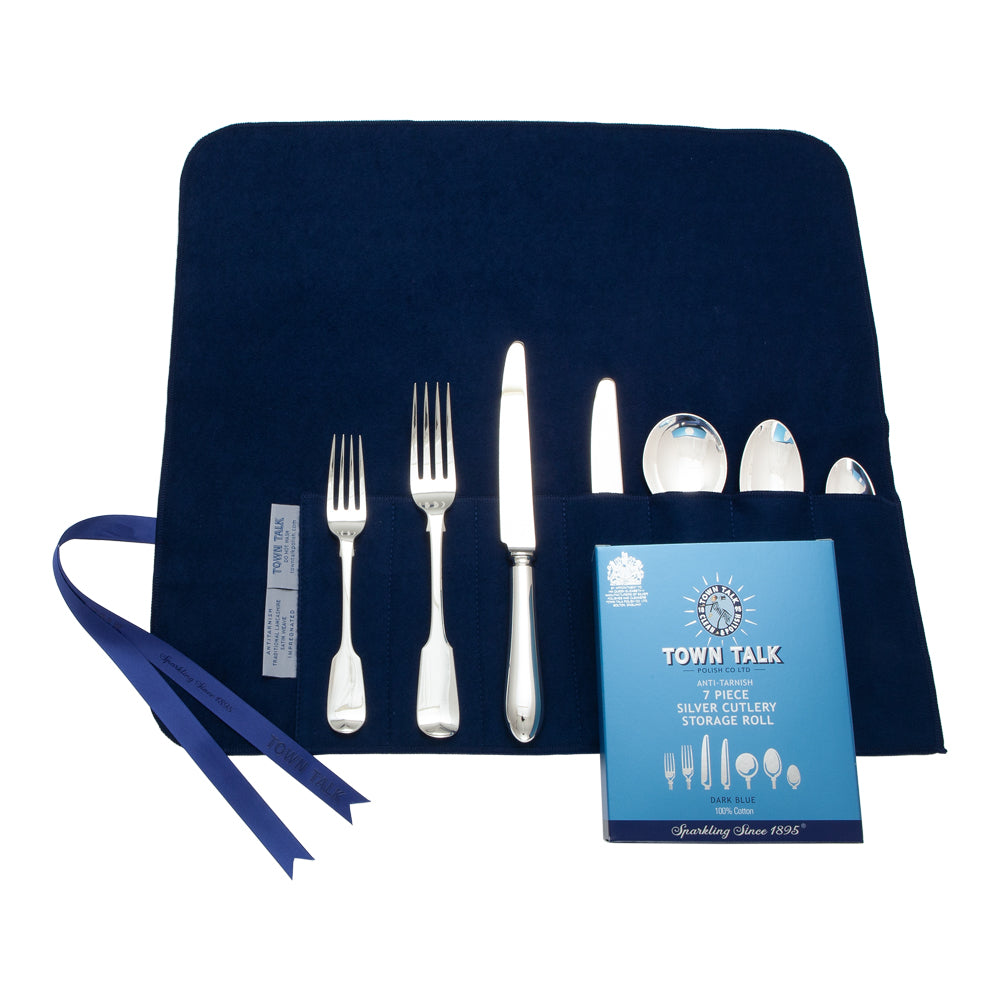 Town Talk Polish Anti-Tarnish 7 Piece Silver Cutlery Storage Roll with Place Setting and Packaging