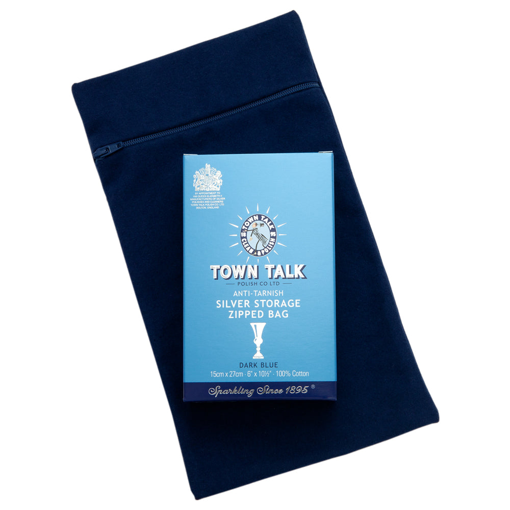 Town Talk Anti-Tarnish Silver Storage Zipped Bag 15x27cm in Dark Blue with Packaging