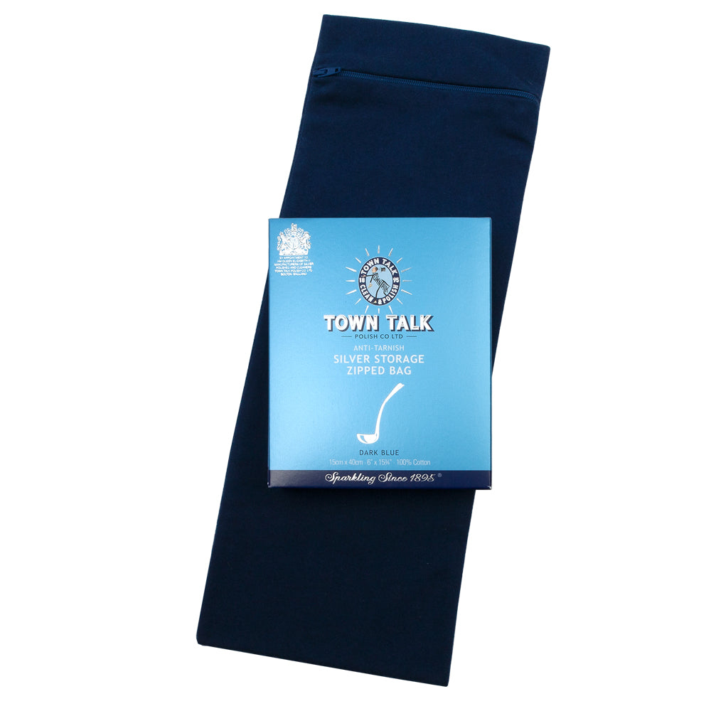 Town Talk Anti-Tarnish Silver Storage Zipped Bag 15x40cm in Dark Blue with Packaging