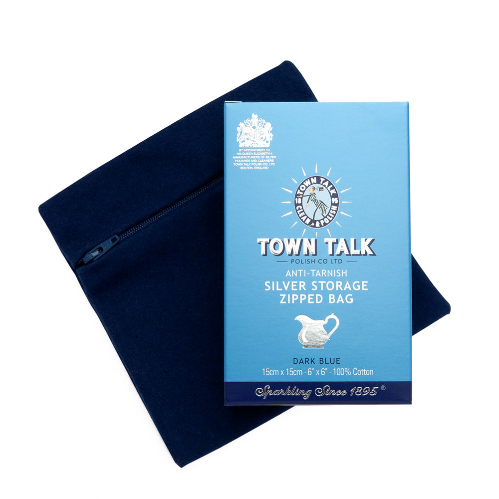 Town Talk Anti-Tarnish Silver Storage Zipped Bag 15x15cm in Dark Blue with Packaging