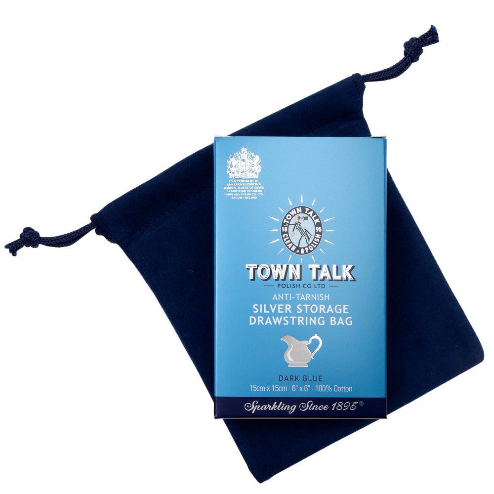 Town Talk Polish Anti-Tarnish Silver Storage Drawstring Bag Dark Blue 15x15cm 100% Cotton with Packaging